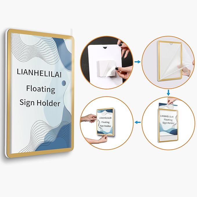 8.5x11 Wall Sign Holder Floating 3 Pack, Self-Adhesive Display Frame for Document/Poster/Paper Office/Store/Wall Mounted for Door/Window Display Holder with Horizontal and Vertical (Gold)
