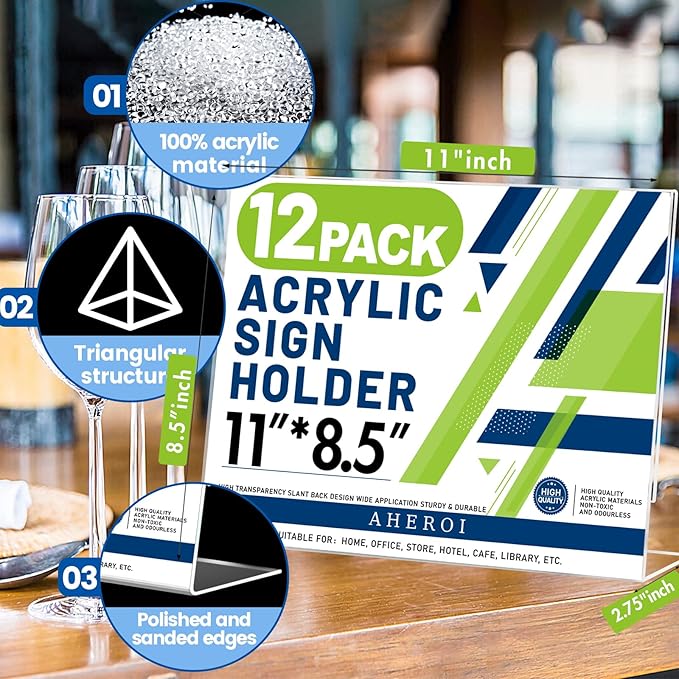 Aheroi 12Pcs Acrylic Sign Holder 8.5 x 11, Horizontal Clear Sign Holders 8.5 x 11, L-Shape Acrylic Paper Holder, Plastic Sign Holder Paper Holder Display Stand for Menu Document Picture Frames