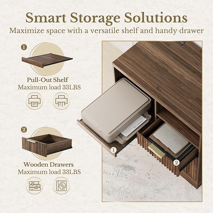 3 Drawer File Cabinet, Fluted Wood Lateral Filing Cabinet with Charging Station for Home Office, Fits for A4/Letter-Sized Files, Printer Stand with Open Storage Shelves, Black Walnut