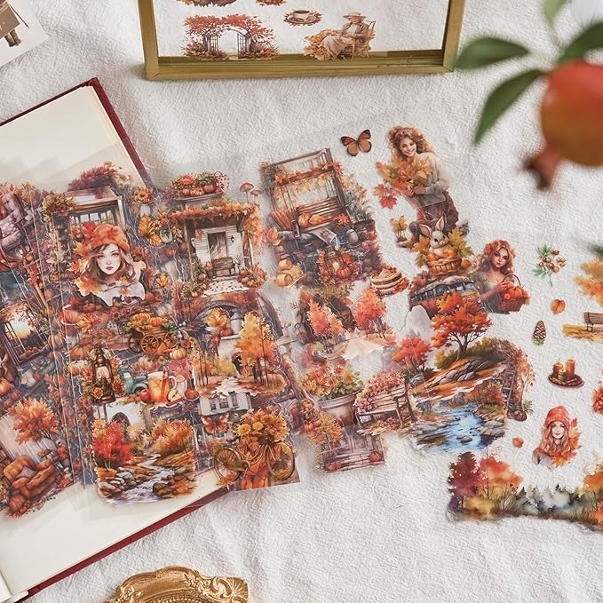 Snycler 20 Sheets PET Stickers - Vintage Journaling, Scrapbooking Supplies, DIY Craft Stickers for Junk Journals, Ephemera Sticker Book, Seasonal Themes (Autumn), Pre-Cut Designs
