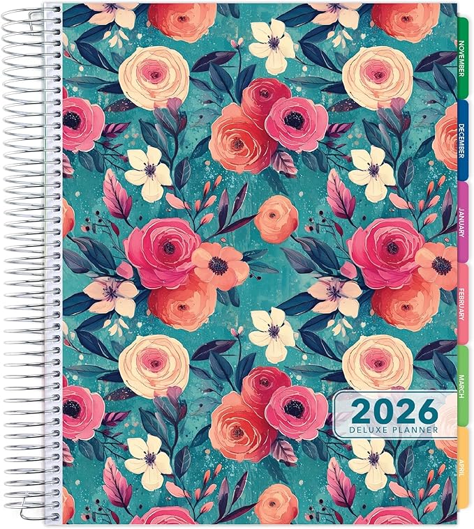 DELUXE 2026 Planner, 8.5"x11": 14 Months (November 2025 - December 2026), Includes Page Tabs, Bookmark, Planning Stickers, Pocket Folder Daily Weekly Monthly Planner Yearly Agenda (Teal Floral)