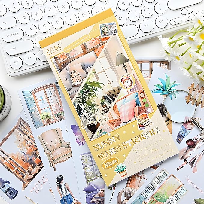 Snycler Sunshine Series Sticker Book - 20 Sheets Vintage PET Stickers for Scrapbooking, Junk Journaling, Ephemera, and Decorative Crafts - Pre-Cut Bright & Cheerful Design Stickers