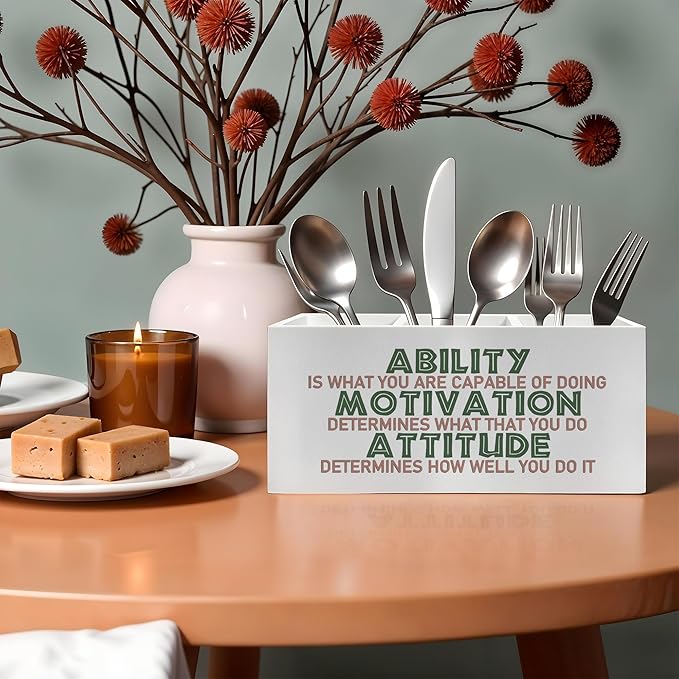 Motivational Office Pencil Pen Holder for Desk, Ability Motivation Attitude Wooden Pencil Holder Organizer for Home Office Desk Accessories, Encouragement Gifts for Women