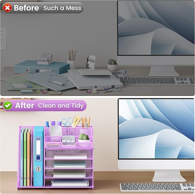 Lavatino 5-Tier Desk Organizer with 2 File Holders, Metal Adjustable Paper Letter Tray for Office or Home Desk Organizers and Accessories | 7 Flexible Dividers Keep Workspace Supplies Neat, Purple