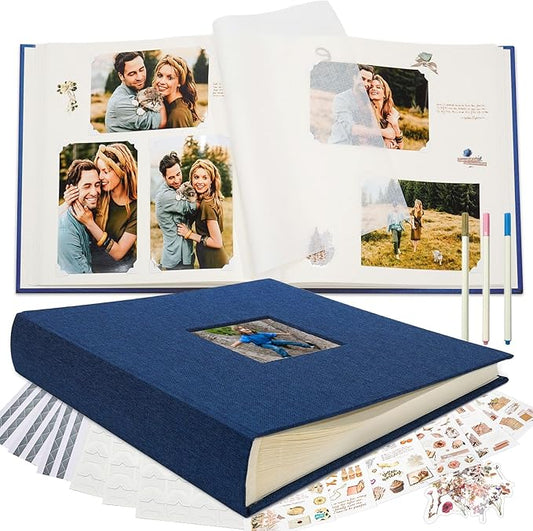 Vienrose Premium Scrapbook Photo Album with Writing Space 12"x12", DIY Scrapbook Album with 100 Pages, Large Photo Book for Baby Family Travel Vacation, Navy Blue