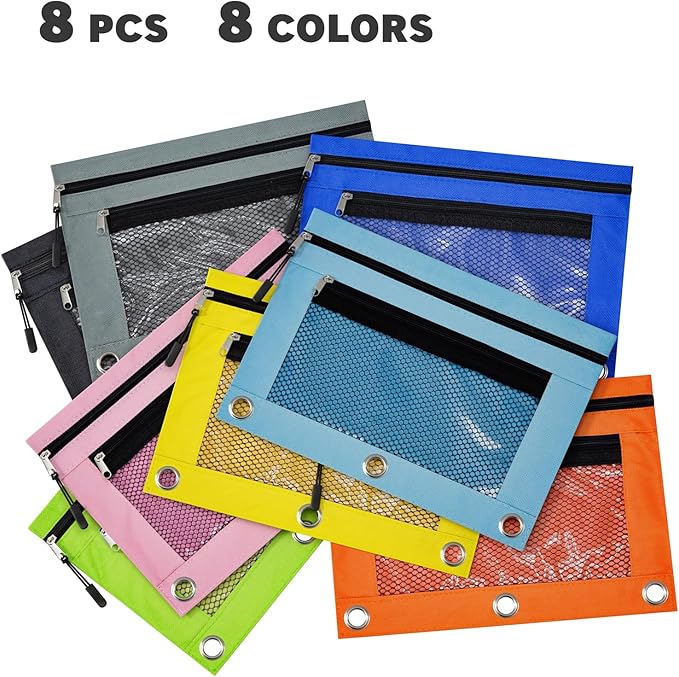 DoDoMagxanadu 3 Ring Pencil Pouch, Binder Pencil Pouch with Zipper and Mesh Window,8pack 8colors