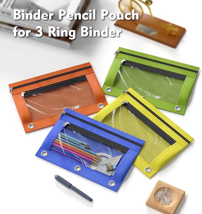 DoDoMagxanadu Binder Pencil Pouches, Pencil Pouch for 3 Ring Binder, Double Pocket Clear Window Pencil Case for Binder, Zippered Pencil Pouches with Rivet Enforced 3 Ring, 6 Pack