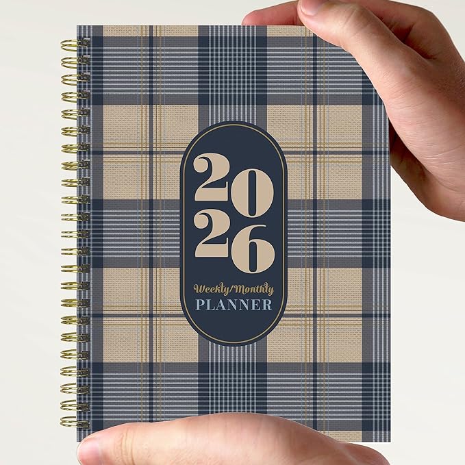 TF Publishing 2026 Classic Plaid Medium Weekly Monthly Planner with 12-Month Calendar Grid, Notes, and Priorities Section - Weekly Schedule Planner with Habit Tracker and Stickers - 6.5in x 8in
