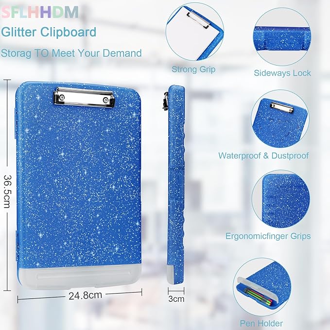 Glitter Clipboard with Storage,Storage Clipboard with Pen Holder,A4 Binder Clip Boards 8.5x11 with Low Profile Clip,Side Opening Sparkle Clipboards, Clipboards Folder for Office Supplies-Starsky Blue