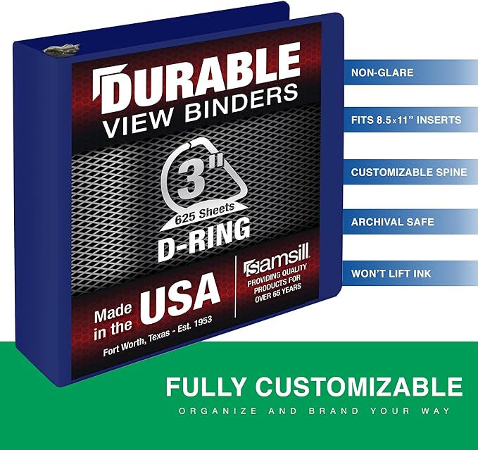 Samsill Durable 3 Inch Binder, Made in The USA, D Ring Binder, Customizable Clear View Cover, Dark Blue, Holds 625 Pages