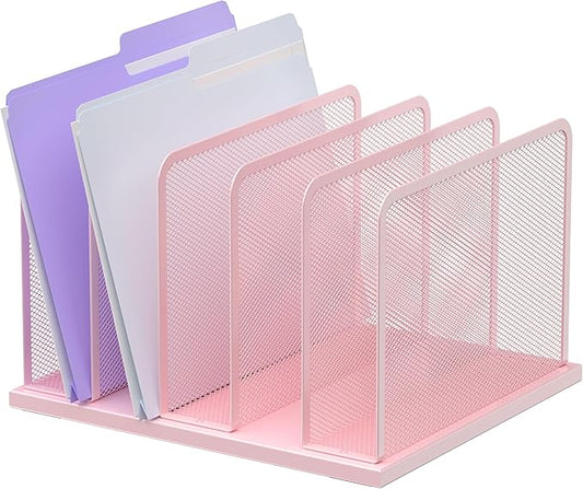 Kuntine.B Desk File Organizer Upright Mesh Desktop Organizer File Sorter Office Organization File Holder for Home, Office & Classroom (Pink, 1 Pack 5-Section)