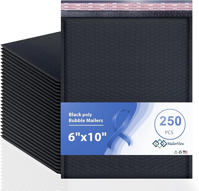 Black Small Poly Bubble Mailers 6x10 inch #0 | Self Seal Padded Envelopes | Cushioned Bubble Mailer | Usable Size 6x9 | WaterProof | Lightweight mailing Shipping Bags | 250 Pack Bulk | Made in USA