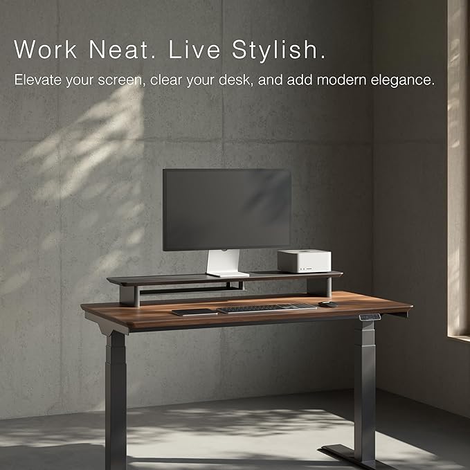 Walnut Dual‑Tier Monitor Stand for Modern Desk Setup – Minimalist Wooden Riser Shelf for Dual Monitors, Laptops, Home Office Aesthetic (Dark Walnut, Large)