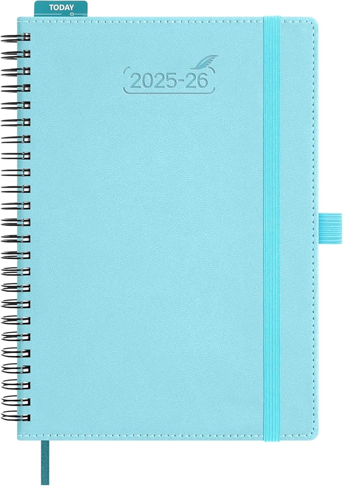 BEZEND Planner 2025-2026 Weekly and Monthly, 5.8" x 8.5" Academic Calendar (Jul 25-Dec 26) Vertical Daily Appointment with Hourly Timeslot & Monthly Tab, Spiral, PU Leather Softcover - Sky Blue