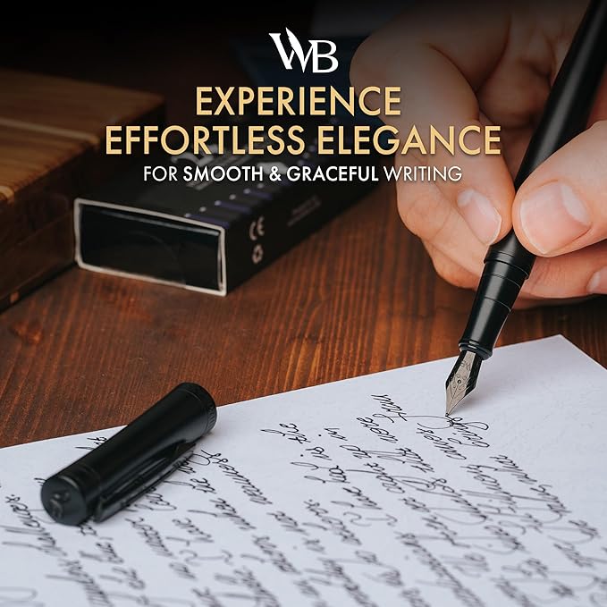 Wordsworth & Black Fountain Pen Set, Fine Nib, Includes 24 Pack Ink Cartridges, Ink Refill Converter & Gift Box, Calligraphy, [All Black], Perfect for Men & Women