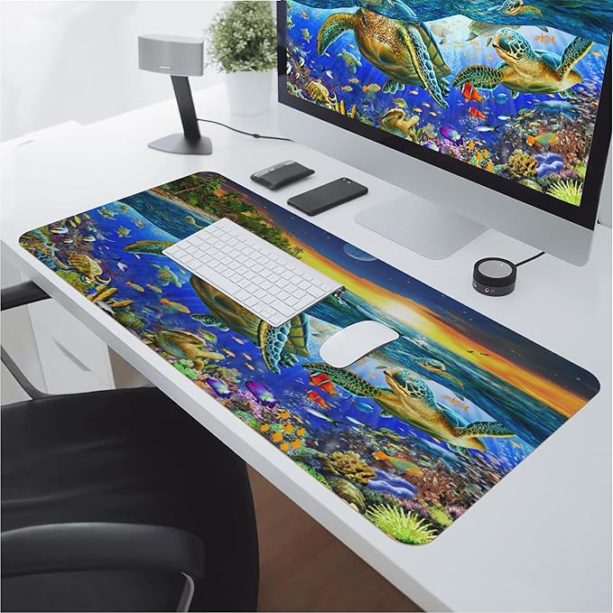 Desk Mat,Sea Turtle Extended Gaming Mouse Pad for Office Work & Game,Computer Keyboard Mouse Mat Desk Non-Slip Rubber Base Large Mousepad with Stitched Edges, 31.5x15.7inch