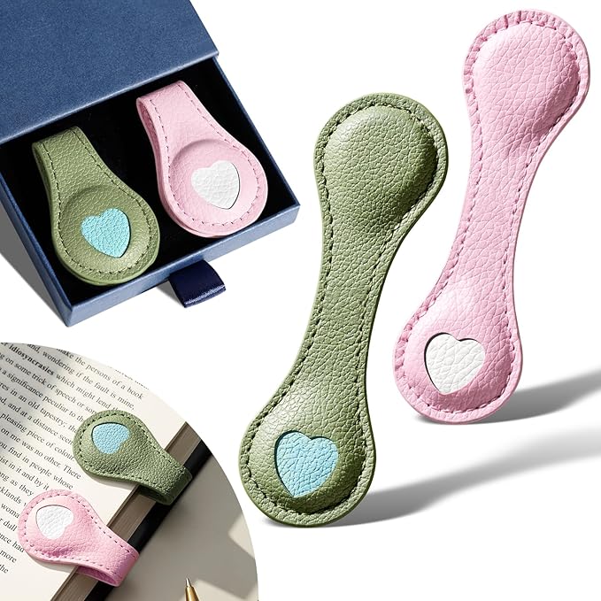 2Pcs Magnetic Leather Bookmarks with Gift Box, Magnetic Pen Holder Book Marks Clip Gift for Book Lover Readers Men Women Teachers Students, Pink+Green