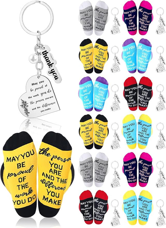 24 Pcs Employee Appreciation Gifts Thank You for All You Do Socks Stainless Steel Keychains for Staff Coworker Team