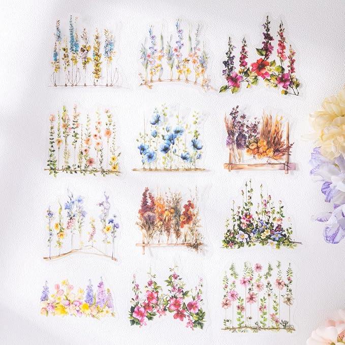 Hanging Floral PET Stickers Set, 60PCS Botanical Flower Stickers for Scrapbooking, Journaling, DIY Crafts, and Art Supplies