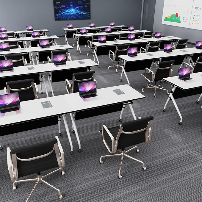 Conference Table, Folding Conference Room Tables, Mobile Training Tables with Silent Wheels, Large Rectangular Modular Seminar Table Office Computer Desks for Classroom White (6Pack L55.1in)