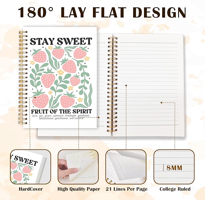 Qabliqo Fruit of the Spirit Christian Spiral Notebooks, Strawberry Bible Journals for Writing, Religious Scripture Journal for Women, Bible Verse Notebook for Note Taking, 5.5x8.3 Inch