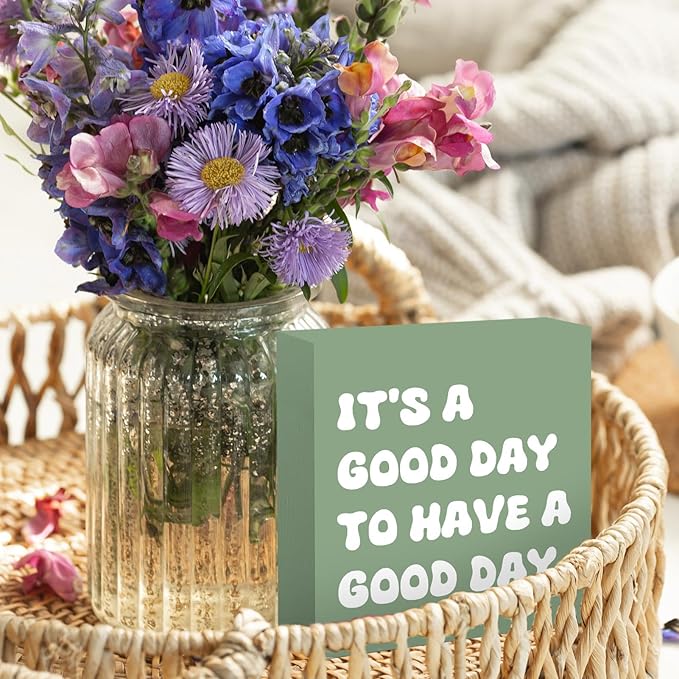 Sage Green Office Desk Accessories Decor Sign Positive Decor Motivational Gifts for Women - Inspirational Wooden Box Sign Desk Decorations Good Vibes Decoration for Home Office