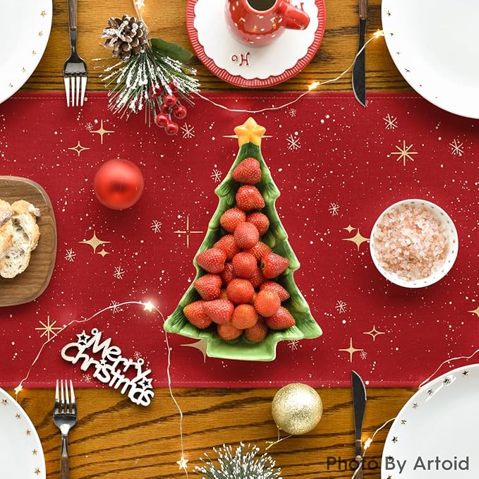 Artoid Mode Xmas Trees Merry Christmas Table Runner, Seasonal Winter Red Kitchen Dining Table Decoration for Home Party Decor 13x90 Inch
