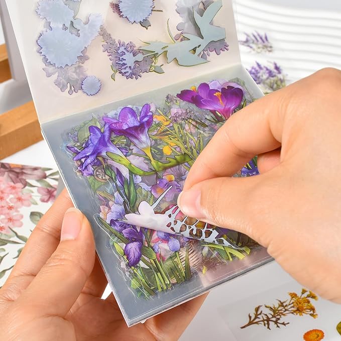 Snycler Scrapbooking Supplies, Vintage Journaling - 25 Sheets PET & 25 Sheets Paper Stickers, DIY Craft Stickers for Junk Journals, Ephemera Sticker Book, Purple Flower Themes, Pre-Cut Designs