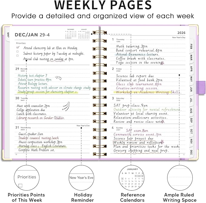 AHGXG 2026 Planner, Weekly and Monthly, 2026 Calendar, Jan 2026 - Dec 2026, Hardcover with Monthly Tabs, 100 GSM Thick Paper, for Women School Home Office Supplies, 6" X 8.38", Purple