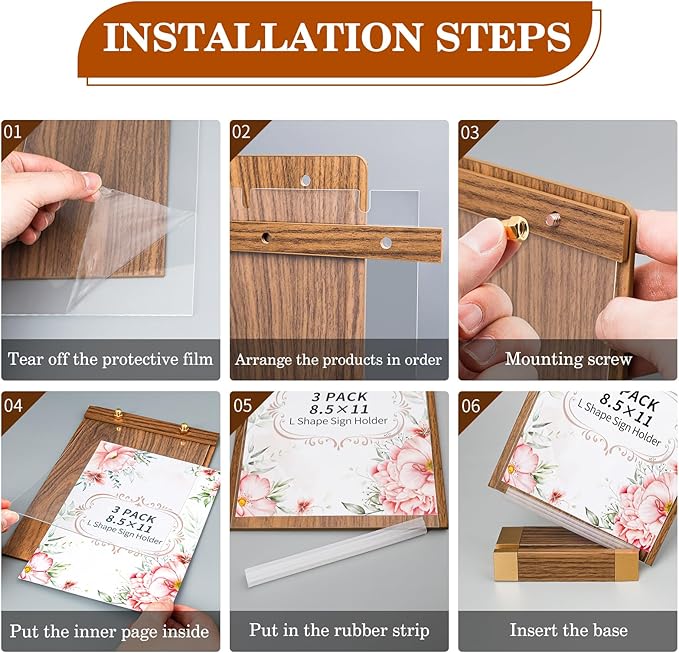 3 Pack 8.5"x11" Acrylic Sign Holder with Wood-Color Base, Tabletop Display Sign Holder Vertical for Store/Coffee Shop/Restaurant Menu Hotel/Office Poster Show