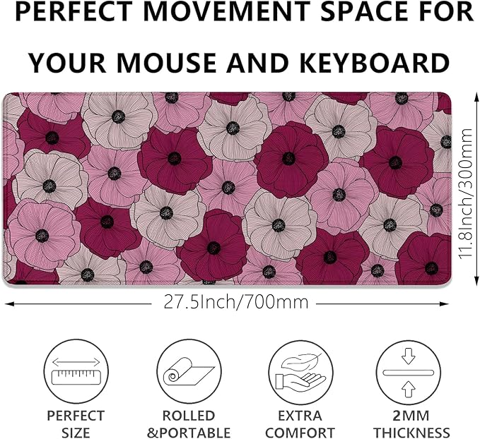 Abstract Floral Mouse Pad Desk Pad,Boho Art Flowers Extended Gaming Mouse Mat with Stitched Edges Non-Slip Waterproof Rubber Base Mous Mat for Office Home Game Desk Pad(27.5X11.8 in)