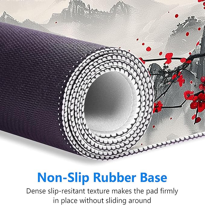 Watercolor Cherry Blossom Gaming Mouse Pad - Chinese Ink Painting Mountain Desk Mat With Stitched Edge Non-Slip Base for Office Computer Keyboard Laptop Home 31.5"x11.8"