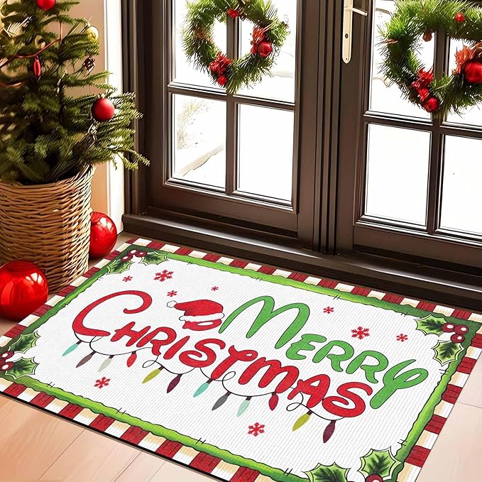 Christmas Door Mat Outdoor, Merry Christmas Plaid Hat Light Snowflakes Welcome Mats for Front Door Holiday Doormat Indoor Entryway Floor Rug for Entrance Outside Home, 18" x 30"Inch