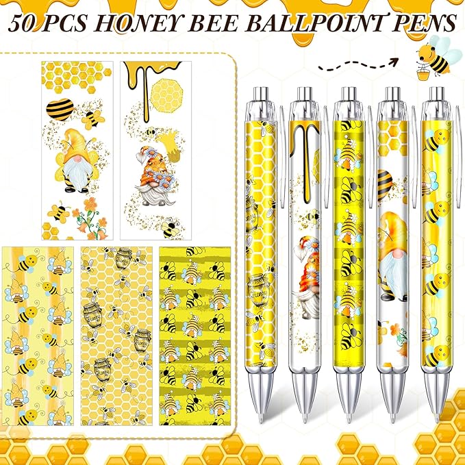 Thenshop 50 Pcs Bee Pens Bulk Honey Bee Theme Gel Ink Ballpoint Pens Honeycomb Gnome Party Favors Appreciation Gifts for Friends Office Employee Work