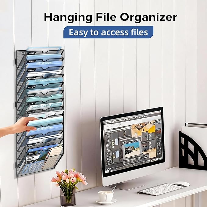 14 Tier Wall Hanging File Organizer, Paper Folder Holder Wall Mounted, Metal Mail Sorter for Office Home School, Black