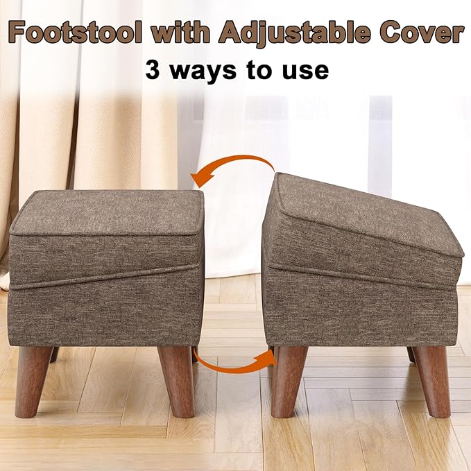 Small Footstool Ottoman with Adjustable Lid, Modern Storage Ottoman, Foot Rest for Couch, Foot Stool with Sturdy Wood Legs for Living Room, Bedroom, Enterway, Brown