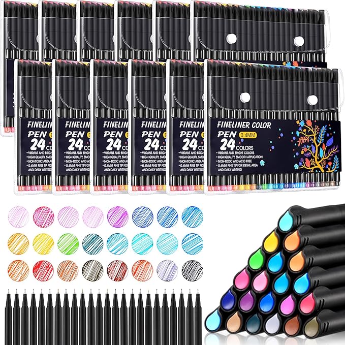 12 Sets Journal Planner Pens 24 Colors Fineliner Pens Bulk 0.4 mm Fine Tip Drawing Markers for Bullet Journaling Sketch Writing School Office Supplies Holidays Charity Event Party Favors