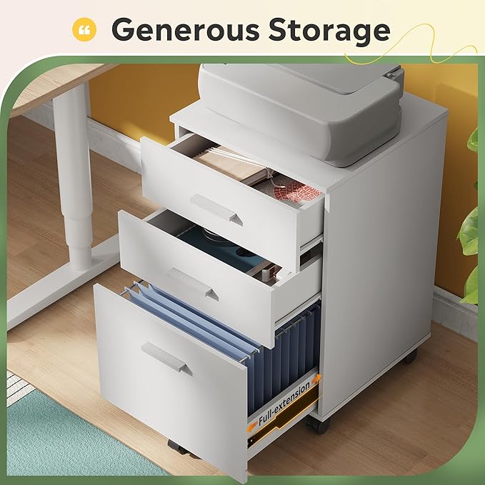 DEVAISE 3 Drawer Wood Mobile File Cabinet, Rolling Filing Cabinet for Letter/A4 Size, White