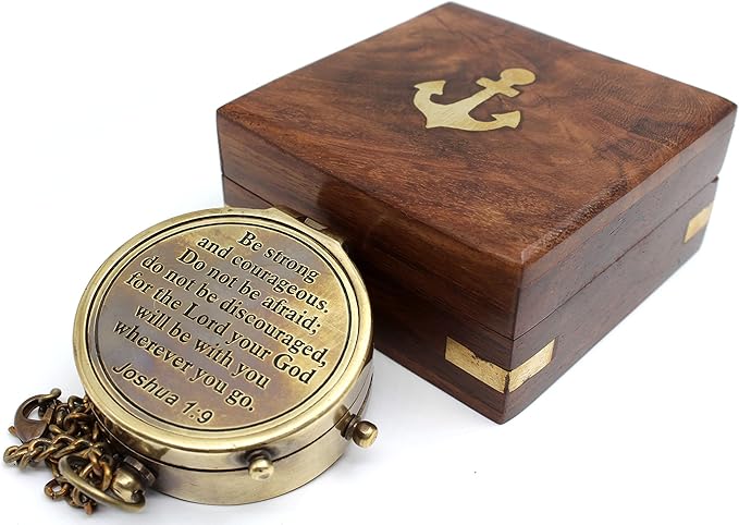 Be Strong and Courageous Compass – Antique Nautical Magnetic Compass with Engraved Scripture Quote – Baptism Gift with Wooden Box for Son, Father, Husband, Loved One