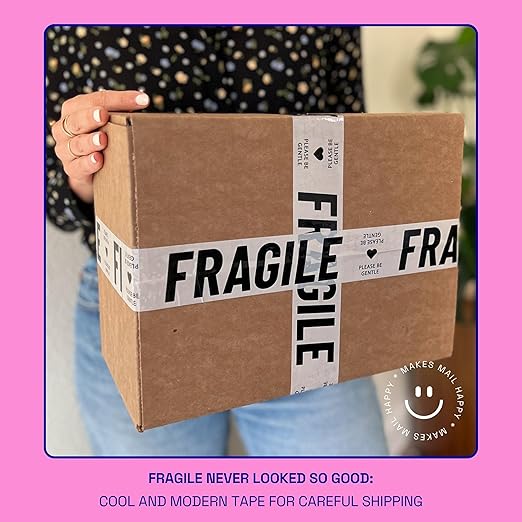 Fragile Packing Tape, Please Be Gentle, Cream Black Cute Designer Packaging and Shipping Tape for Small Business - Printed Tape for Moving, 1.88" x 110 Yards (330 feet)