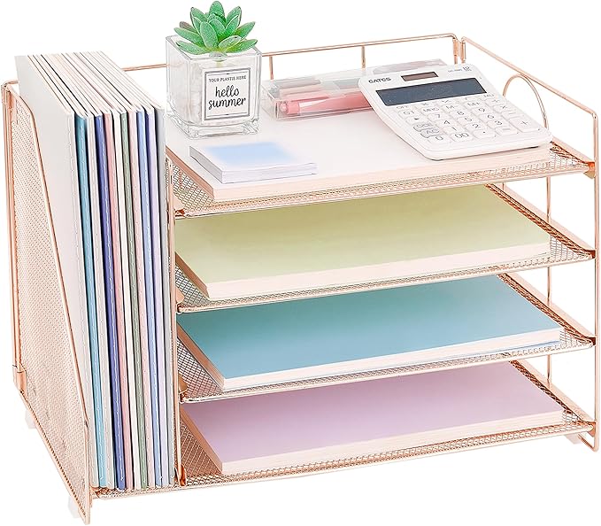 OPNICE 4-Tier Paper Organizer with Magazine Holder, Desk Organizers and Accessories, Office Desk Accessories & Workspace Organizers, Desktop File Organizer for Office Supplies Storage, Rose Gold