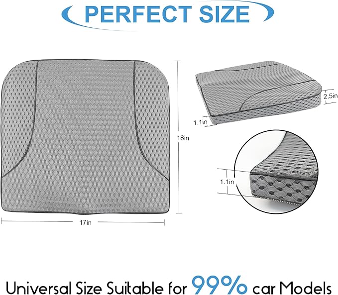 Car Seat Cushion, Comfortable Memory Foam Seat Pillow for Driving, Sciatica-Back Pain Relief, Cushion for Car-Truck, Office, Wheelchair - Mesh Gray