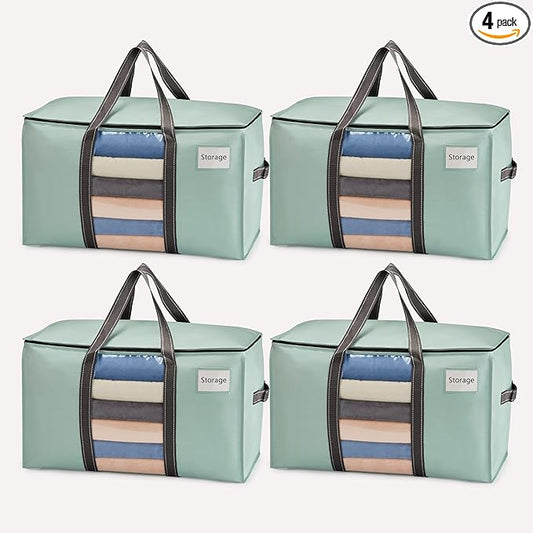 VENO 4 Pack Moving Bags, Moving Supplies, Moving Boxes, College Packing Storage Boxes with Lids Alternative, Heavy Duty Totes, Extra Large, Sturdy Handles, Zipper (Light Green with Window, 4 Pack)