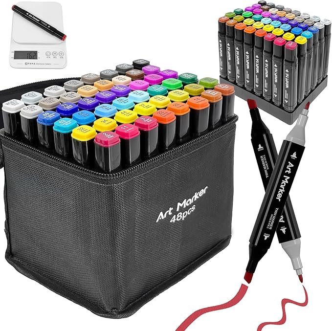 Alcohol Markers 48 Colors - Dual Tip Alcohol Based Art Markers for Kids, Students & Families - Quick Drying, Blendable Marker for School Work, Coloring Books, Drawing with Portable Storage Bag