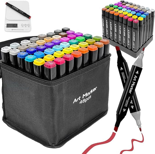 Alcohol Markers 48 Colors - Dual Tip Alcohol Based Art Markers for Kids, Students & Families - Quick Drying, Blendable Marker for School Work, Coloring Books, Drawing with Portable Storage Bag