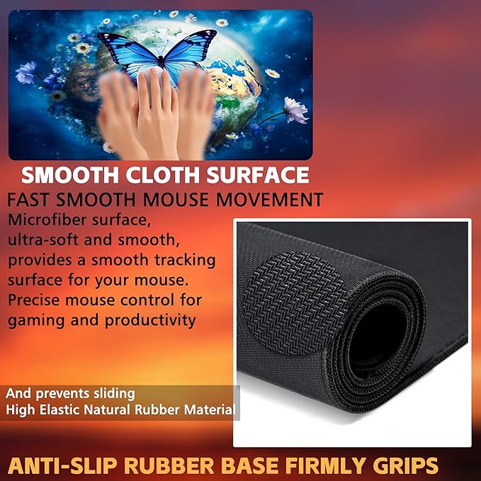 Desk Mat, Earth Surrounded by Flowers Desk Pad, Blue Butterfly Large Gaming Mouse Pad, 31.5"x15.7", Extended Big Computer Keyboard Mouse Pad with Non-Slip Base and Stitched Edge