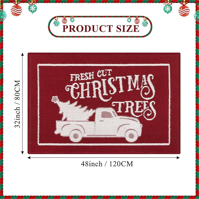 Christmas Doormat with Non Slip, Loop Pile Red and White Indoor Welcome Mat with Absorbent & Dirt-Trapping, Christmas Trees Truck Pattern, Porch Decor Outdoor Front Door Mat 32x48 Inch