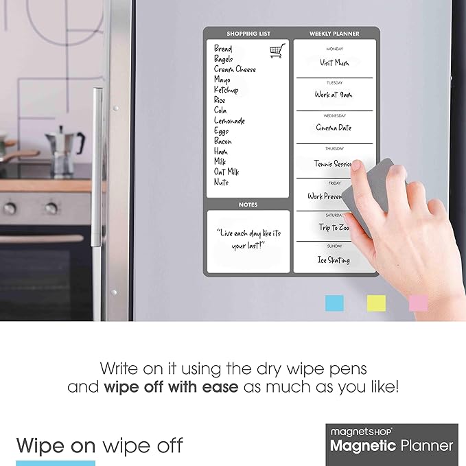 MagnetShop Magnetic Dry Erase White Board Planner for Fridge | Apartment Essentials and Home Organization Must Have | Family Planning, Grocery List, Whiteboard Calendar, Chore Chart | Grey 12" x 16"