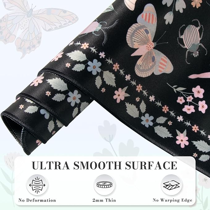iCasso Black Large Mouse Pad, Desk Matt for Desktop, XXL Desk Mat for Keyboard and Mouse, Anti-Slip Big Mousepad Computer Mat with Stitched Edges(Insects)