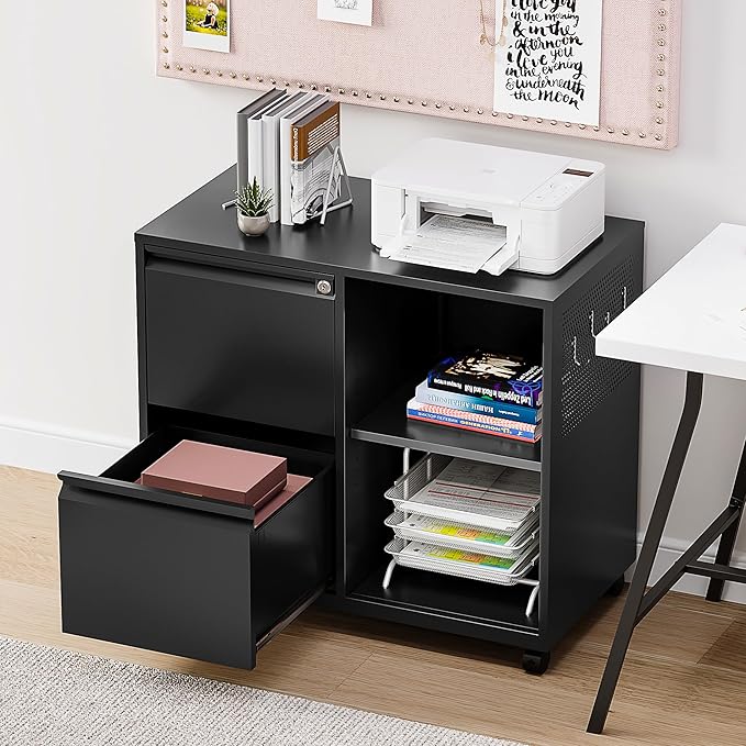 SISESOL 2 Drawer File Cabinet with Lock and Shelf,Mobile Lateral Filing Cabinet,Metal Filing Cabinets with Open Storage Shelves Organizer for Home Office Fit Legal/Letter A4 Size (Black)